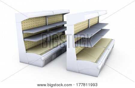 Empty refrigerator display showcase. Isolated on white background include clipping path. 3d render