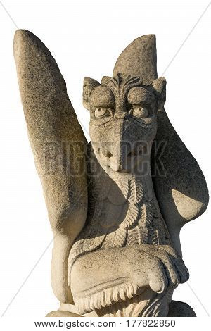 Statue / Sculpture of mythological creature a Griffin on white background