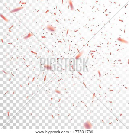 Pink Confetti. Vector Festive Illustration of Falling Shiny Confetti Isolated on Transparent Checkered Background. Holiday Decorative Tinsel Element for Design