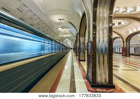 MOSCOW/ RUSSIA - MARCH 11, 2017. Metro station Mayakovskaya, opened 1938. Moscow, Russia