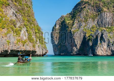 The gate to Maya Bay at Phi Phi Leh Island. Phi Phi Islands are a popular tour destination from Phuket and Krabi in Thailand.