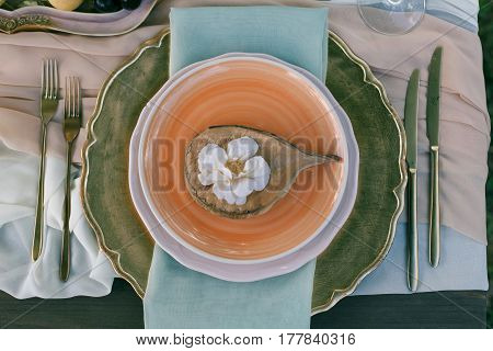 Wedding place setting in beautiful rustic style.Top view.