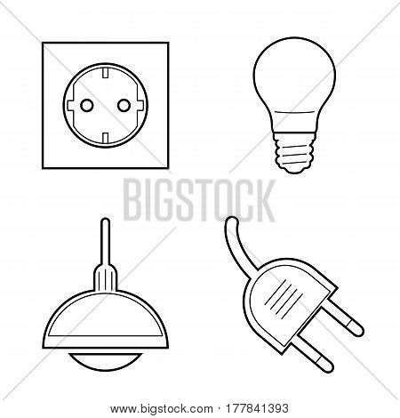 Line art Electricity icons set. Chandelier, bulb, power socket, plug socket