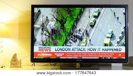 PARIS FRANCE - MARCH 22: Euronews News channel reporting live scenes from Westminster Bridge after armed attack on March 22 in London. A police officer has been stabbed near to the British Parliament