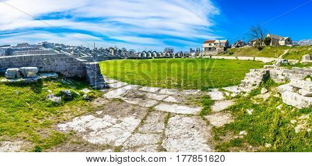 Idyllic panorama view at Salona ruins in suburb of town Split, famous  ancient roman architecture in Croatia.