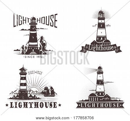 Set of isolated lighthouse sketches and text on ribbon, Guidance building at harbor or port, on mountain or rocks. Marine and nautical reef hazard banner, sailor and travel, discovery theme