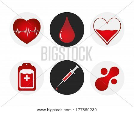 Blood Donation Icon Set. Heart, Blood, Drop, Counter, Syringe And Mataball Molecule. Vector Illustra