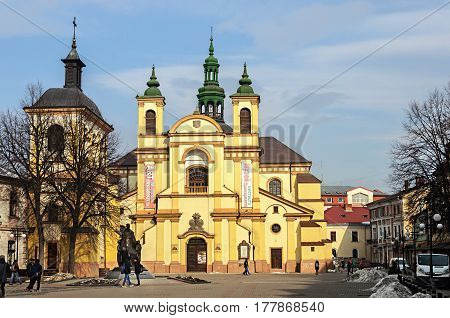 Ivano-Frankivsk Ukraine - February 02 2017: Art Museum sunny winter day. Former Collegiate Church of the Blessed Virgin Mary built in XVII century.