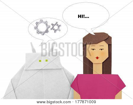Paper origami white robot chatbot chat bot or chatterbot dialog with woman on a white background
