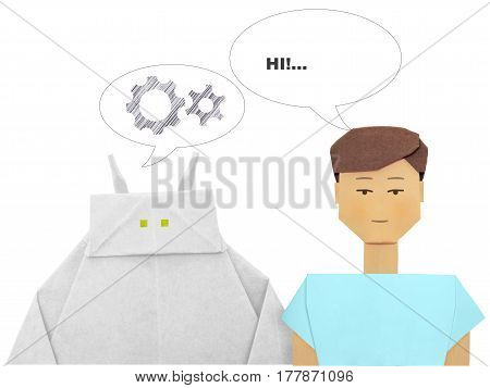 Paper origami white robot chatbot chat bot or chatterbot dialog with man boy on a white background