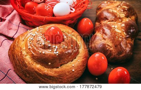 Easter Traditional Bread And Eggs On Wooden Background