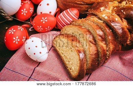 Easter Traditional Bread And Eggs On Wooden Background