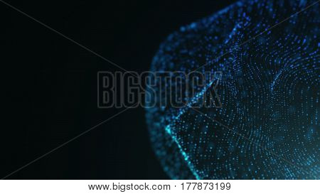 Abstract background with colorful particles displacement and depth of field. 3D rendering