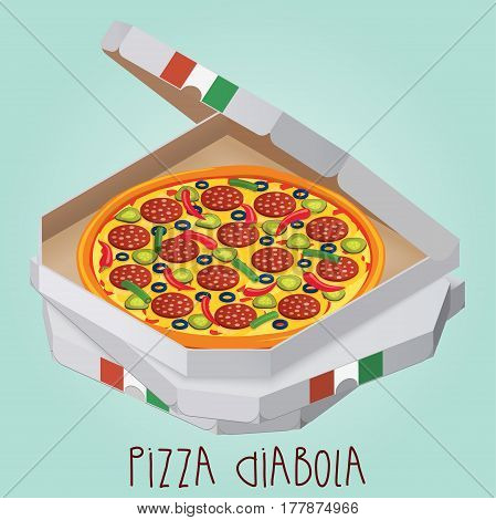 The real Pizza Diabola. Italian pizza in box. Diabolical. Diabo. Vector illustration