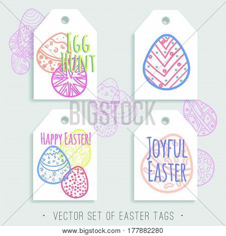 Vector set of printable Easter tags with bright eggs. Blue, red, pink, yellow, orange and green colors. Easy to edit and ready to use. Hand drawn holiday labels.