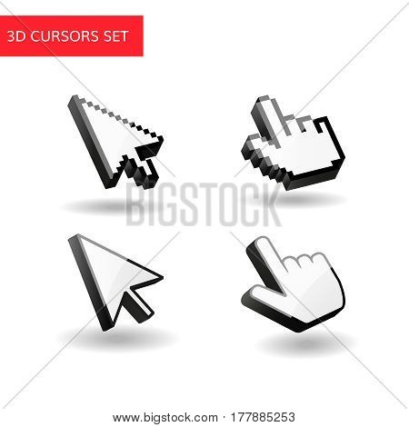 3d cursors set. Pixel mouse cursors . Arrow pointer and finger.