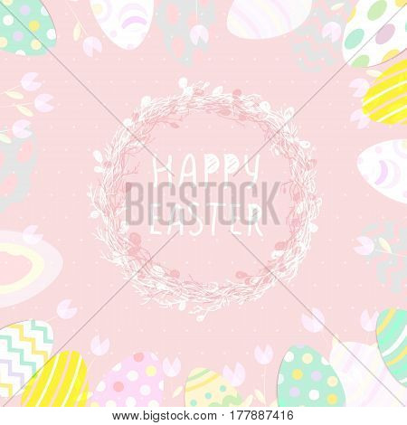 Easter eggs in a wicker nest, greeting card on a blue background. Wallpaper, flyers, web design, brochure, voucher. Vector illustration .