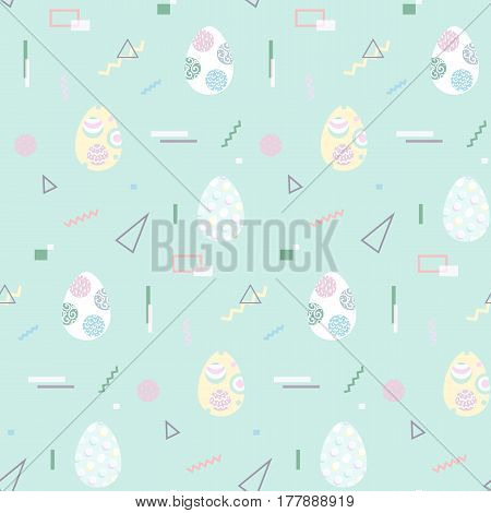 Seamless pattern with Easter eggs in pastel color. Memphis 80's-90's styles. Colorful geometric background, different shapes. Vector illustration