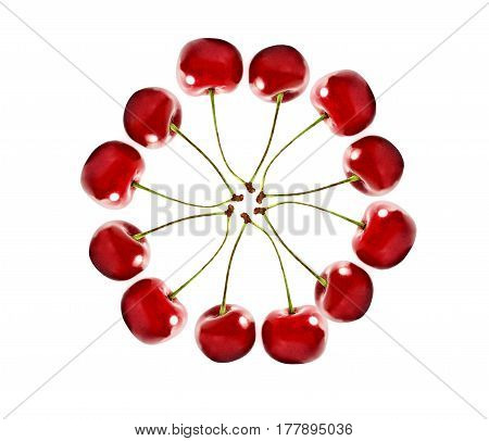 Circle Composition Of Bright Fresh Cherries Isolated On White Background In Studio