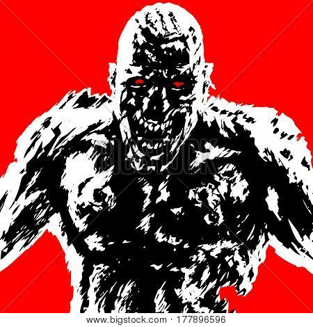 rabid zombie attack in black and white colors on red background. vector illustration