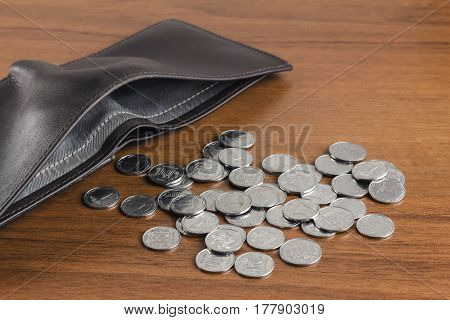 Wallet with ukrainian coins kopiyka on wooden background