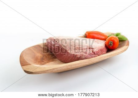 Full Piece Of Raw Cow Beef (picanha), Tomatoes And Basil On A Wood Rectangular Bow - White Backgroun