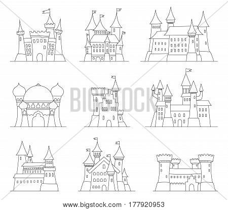 Castles and fortresses flat design vector icons. Set of illustrations of ruins, mansions, palaces, villas and other medieval buildings. Adult coliring book. Fairy-tale castle
