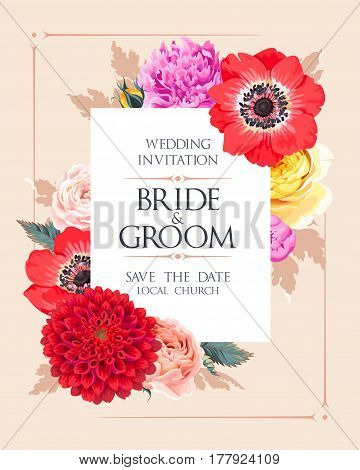 Vector wedding invitation with high detailed flowers