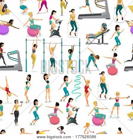 Seamless pattern women doing fitness exercises in the gym. Cartoon style vector  background