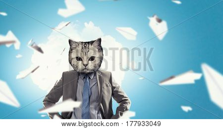 Businessman with cat head . Mixed media