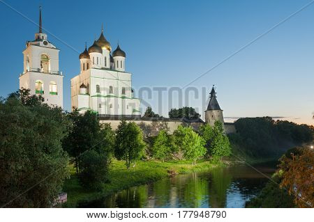 Ancient Pskov Kremlin and river Pskova at twilight, Russia