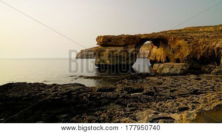 Sea view to Azure window natural arch now vanished Gozo island Malta
