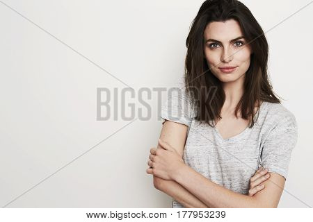 T-shirt girl looking at camera studio shot