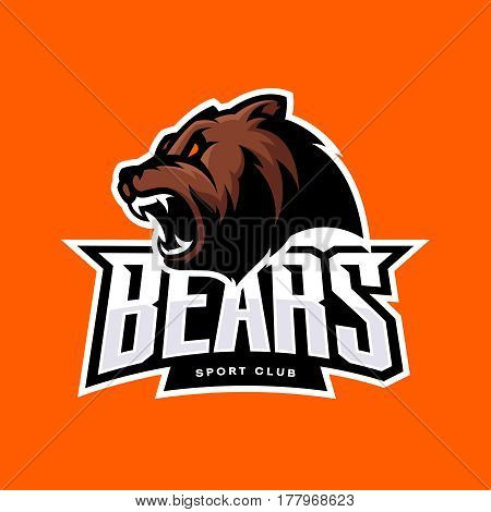 Furious bear sport vector logo concept isolated on orange background. Modern predator professional team badge design.
Premium quality wild animal t-shirt tee print illustration.