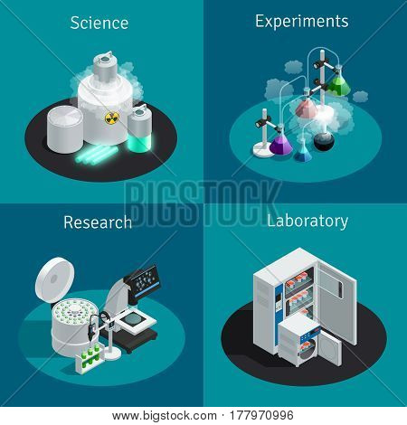 Scientific laboratory 2x2 isometric design concept with substance for experiment and equipment for research vector illustration