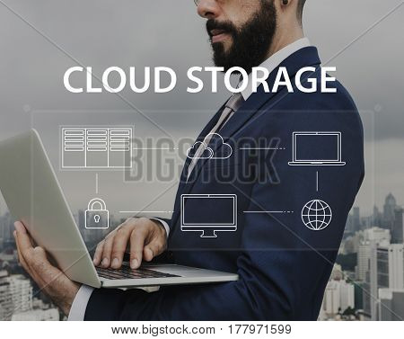 Man using computer cloud network graphic overlay