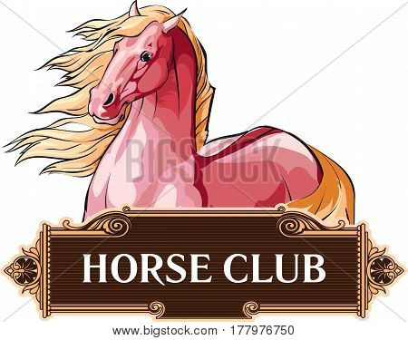 Horse club equestrian logo banner with beautiful horse with mane flowing in the wind. Vector illustration.