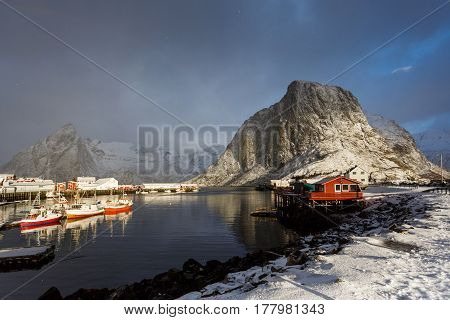 The fishing village of Hamnoy in the Lofoten Islands in Norway during the winter sunrise