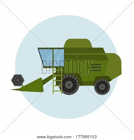 Agriculture industrial farm equipment machinery green tractor combine and rural machinery corn car harvesting wheel vector illustration. Autumn farmland heavy industry transportation.