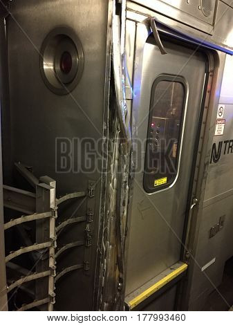 NEW YORK CITY - MAR 24 2017: New Jersey Transit Montclair line damage due to a collision with another train inside Penn Station New York. NJT has a poor safety record with several recent incidents 