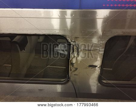 NEW YORK CITY - MAR 24 2017: New Jersey Transit Montclair line damage due to a collision with another train inside Penn Station New York. NJT has a poor safety record with several recent incidents 