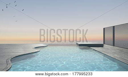 Infinity swimming pool terrace with sea ocean panorama, 3d illustration
