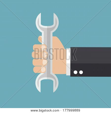 Hand with a wrench. Hand holding spanner. Concept illustration in flat style. Vector stock.
