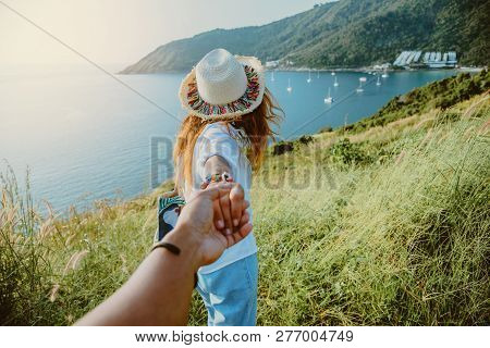 Asian Lover Couple Woman And Man Travel Nature. Travel Relax. Sea In The Summer. Promthep Cape, Phuk