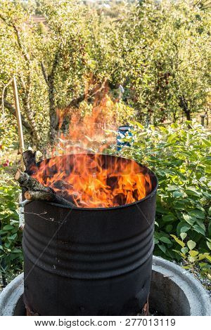 Burning Barrel In The Middle Of The Garden