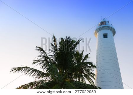 White Lighthouse And Palms Tree With Blue Clean Sky In Galle Fort, Sri Lanka. Beautiful Background.