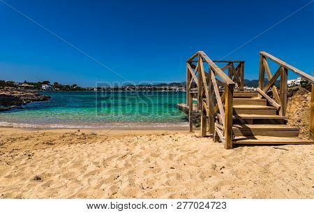 Beautiful Sand Beach Bay In Porto Colom Majorca, Spain Mediterranean Sea