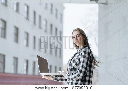 Hard Work Of Female Person And Front Open Laptop Computer With Empty Space For Your Information Or C