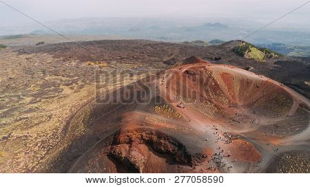 Aerial Panorama Of Collapsed Volcano Cone, Mount Etna, Sicily, Italy.etna  Crater, Scenic Volcanic L