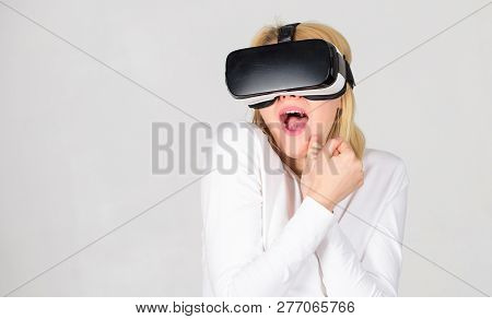 A Person In Virtual Glasses Flies In Room Space. Woman With Virtual Reality Headset. Woman Enjoying 